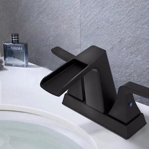 ABA 4 in. Centerset 2-Handle Bathroom Faucet with Desk Mount Waterfall Lavatory Vanity Pop-Up Sink Drain in Matte Black