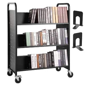 Book Cart, 39.4 in.x20.1 in.x49.2 in..330lbs. Capacity.,Black. Double Sided W-Shaped Sloped Shelves,4In. Lockable Wheels