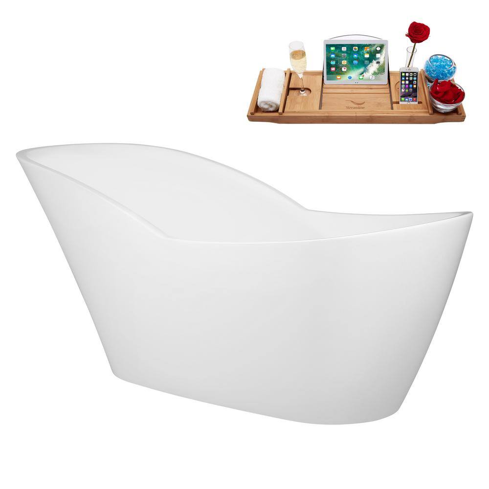 67" Glossy White Acrylic Freestanding Soaking Bathtub with Matte Black Trim