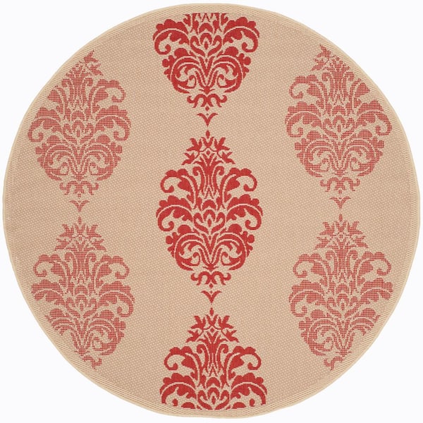SAFAVIEH Courtyard Natural/Red 5 ft. x 5 ft. Round Floral Indoor/Outdoor Patio  Area Rug