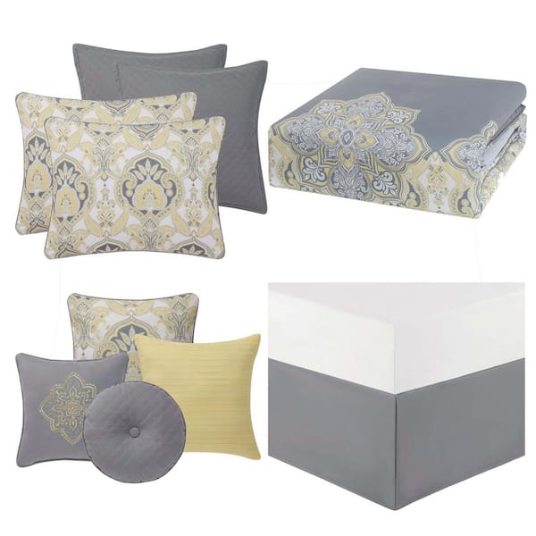 Style 212 Melania 10 Piece Grey And Yellow Queen Comforter Set Cs2642qn10 1300 The Home Depot