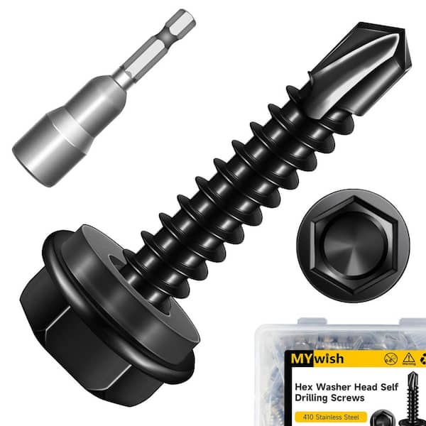 #10 x 1 in. Black Oxide 410 Stainless Steel Hex Washer Head Self Drilling Sheet Metal Screws (100-Pack)