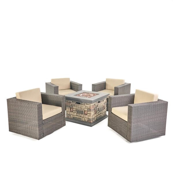 Noble House Puerta Dark Brown 5-Piece Metal Patio Fire Pit Seating Set with Beige Cushions