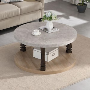 35. 43 in. Tobacco Round Wood Top Coffee Table with Steel Frame and Shelf