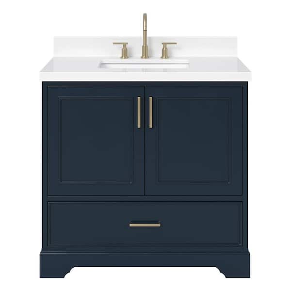 Stafford 36 in. W x 22 in. D x 36 in. H Single Sink Freestanding Bath Vanity in Midnight Blue with Pure White Quartz Top