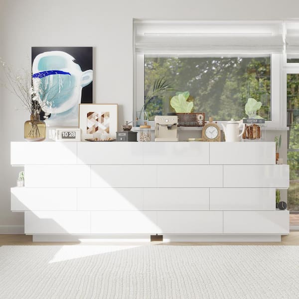 FUFU&GAGA 50.6 in. W High Gloss White Wood 8-Drawer Double Dresser