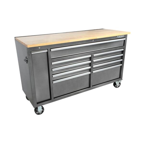 Husky 61 In W 10 Drawer Deep Tool Chest Mobile Workbench In Metallic Silver With Sliding Vertical Bin Storage Drawer H61mwc10sr The Home Depot