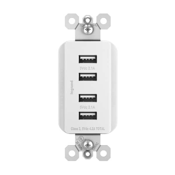 radiant 4.2 Amp Quad USB Decorator Duplex Outlet, White