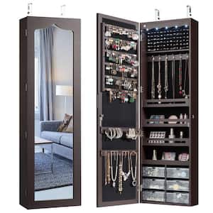 Brown Lockable Wall Mounted Jewelry Armoire with Mirror and LED Lights 47.5 in. H x 4.5 in. W x 14.5 in. L
