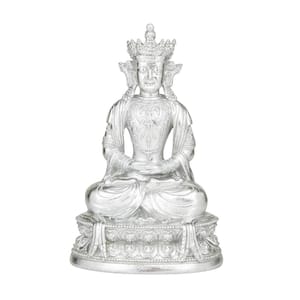 Silver Resin Meditating Buddha Sculpture with Engraved Carvings and Relief Detailing