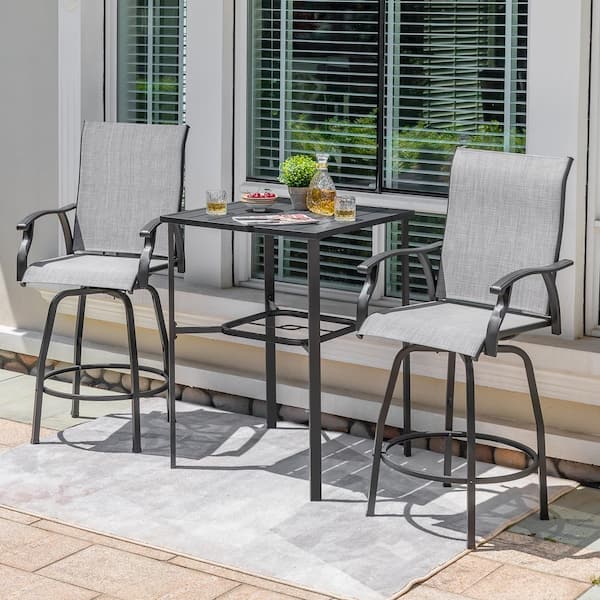 Black 3-Piece Textilene and Metal Square Outdoor Bar Set with Umbrella Hole and Swivel Bar Stools