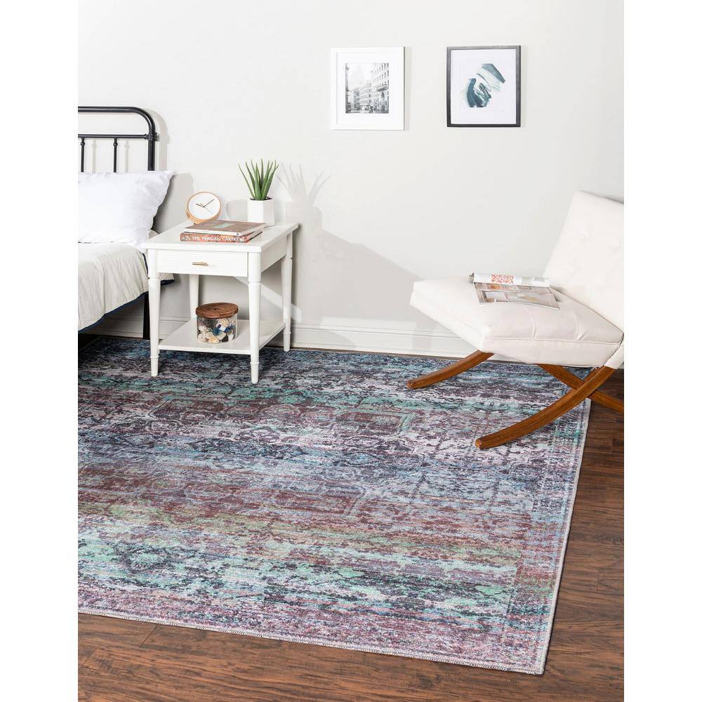 Renaissance 8 ft Square Blue Green Medallion Washable Rug