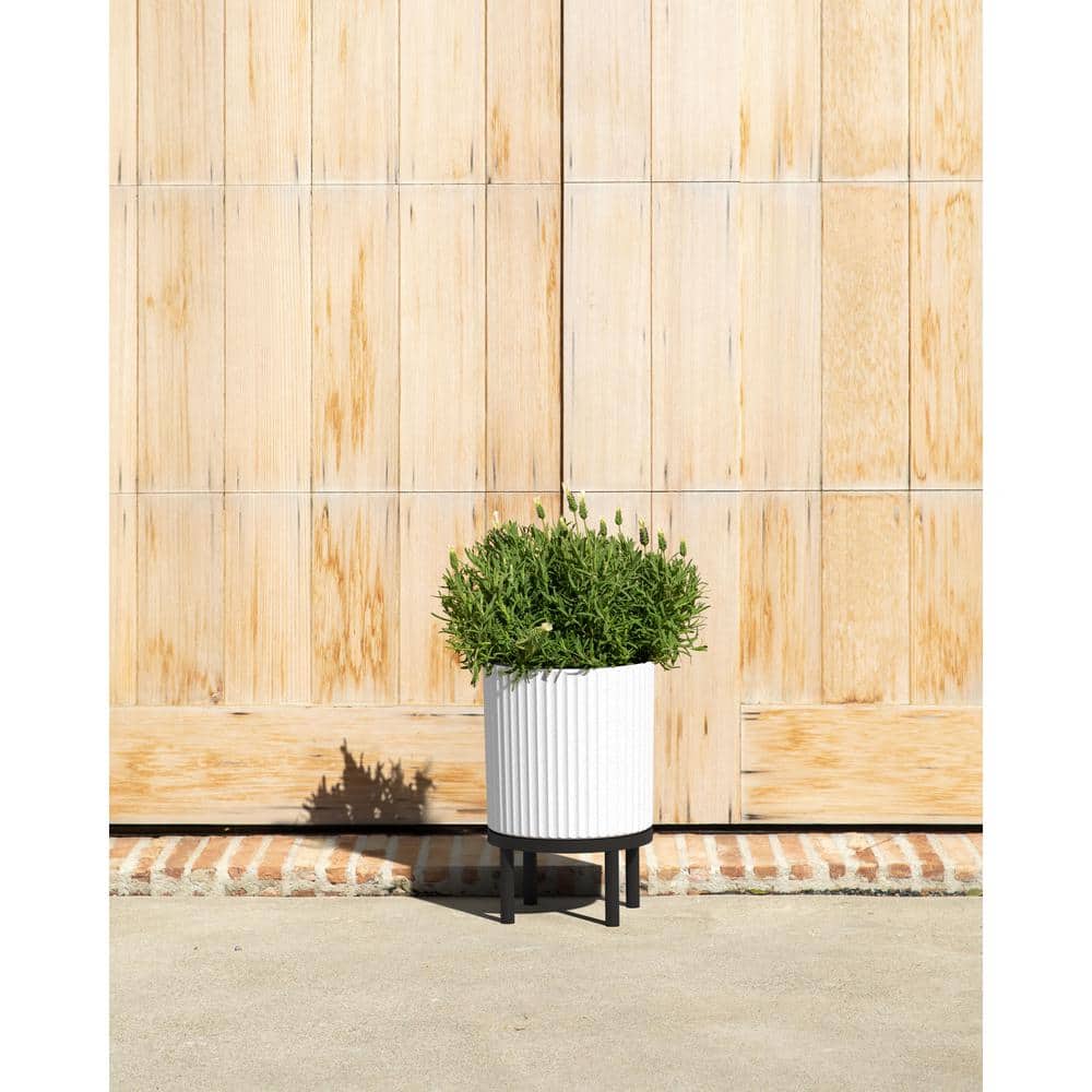 White and Black Fluted Planter with Acacia Wood Stand