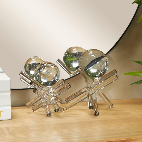 Litton Lane Clear Crystal Jack Inspired Abstract Sculpture with Clear Resting Orbs (Set of 2)