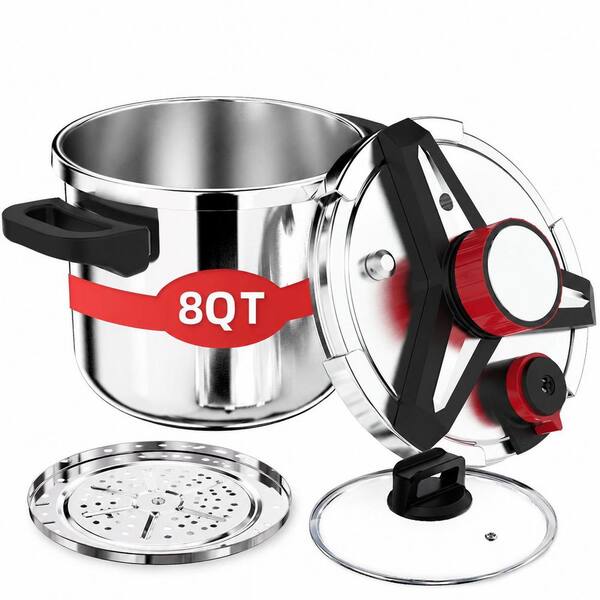 3-in-1 Stainless Steel Pressure Cooker, 8 Qt with 3 PSI Settings, Glass Lid and Steamer Rack, Induction Compatible