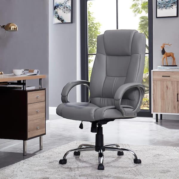 Grey Leather Modern Home Office Chair Upholstered High Back Desk Chair  Wooden Frame
