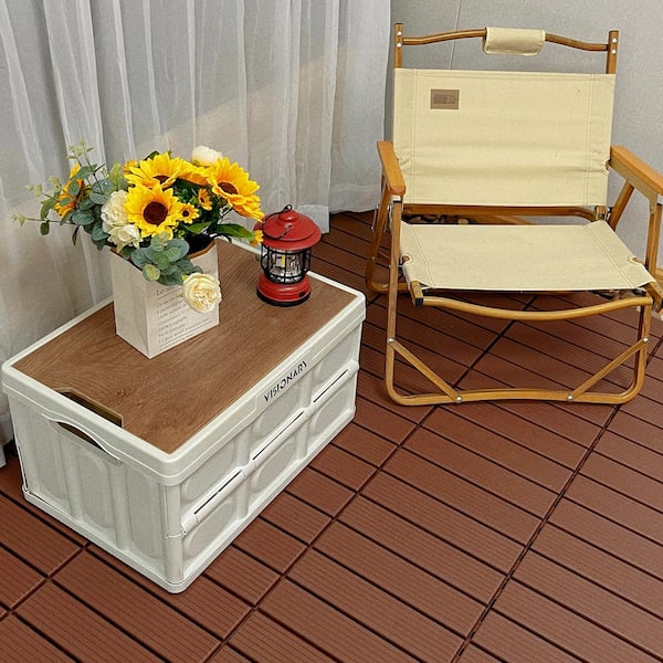 GOGEXX 12 in. W x 12 in. L Outdoor Striped Square PVC Drainage Interlocking Flooring Slat Deck Tiles (44-Pack) in Brown