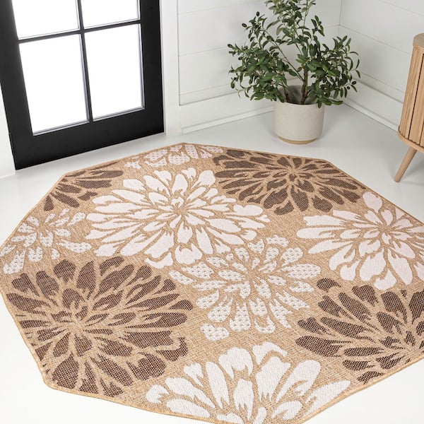 Zinnia Modern Floral Textured Weave Brown/Cream 5 ft. Octagon Indoor/Outdoor Area Rug