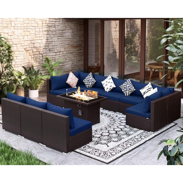 FINCATI Modern 11-Piece Outdoor Brown Wicker Deep Seating Patio Sofa Set with Navy Cushions and 55,000 BTU Fire Pit Table
