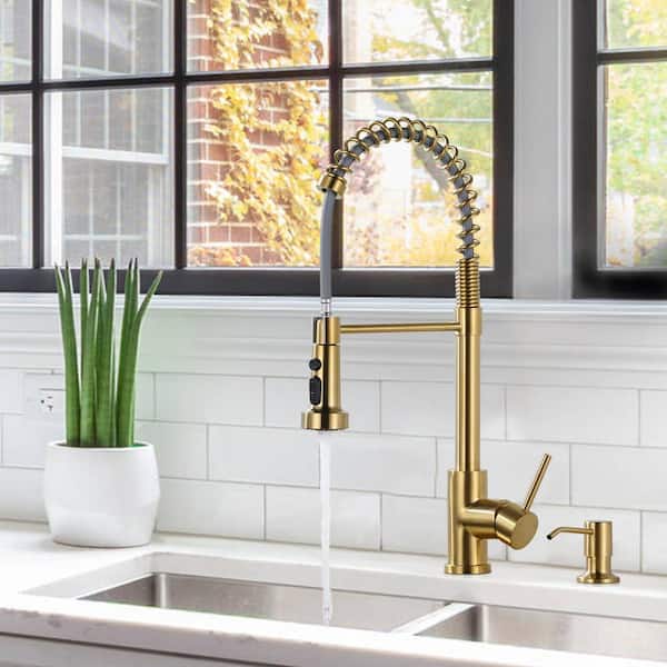 Single Handle Pull Down Sprayer Kitchen Faucet with 3-Mode Advanced Spray and Soap Dispenser in Gold