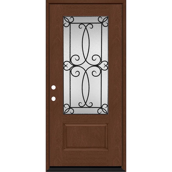 Steves & Sons Regency 36 in. x 80 in. 3/4-Lite Georgian Decorative Glass RHIS Chestnut Mahogany Fiberglass Prehung Front Door