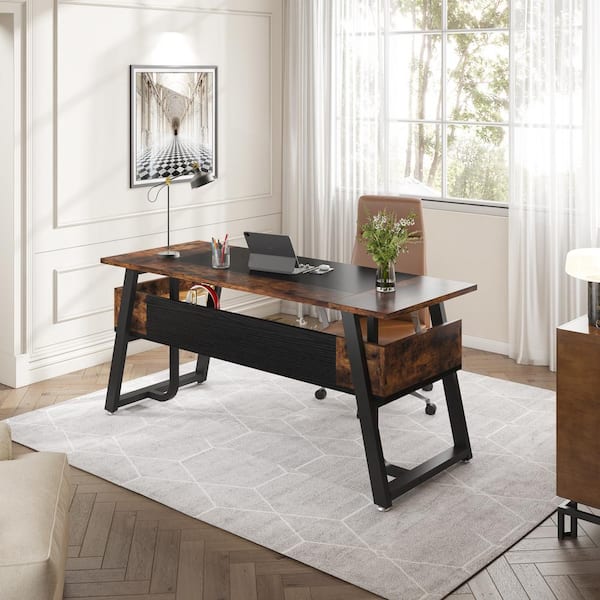 BYBLIGHT Moronia 63 in. Rectangular Black and Brown Wood Open Drawer Executive Office Desk with Bottom Storage Shelves