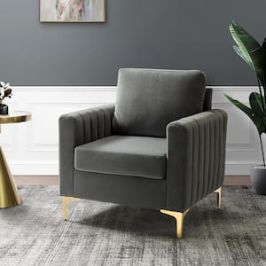 Ennomus Modern Grey Velvet Cushion Back Club Chair with Golden Metal Legs and Track Arms