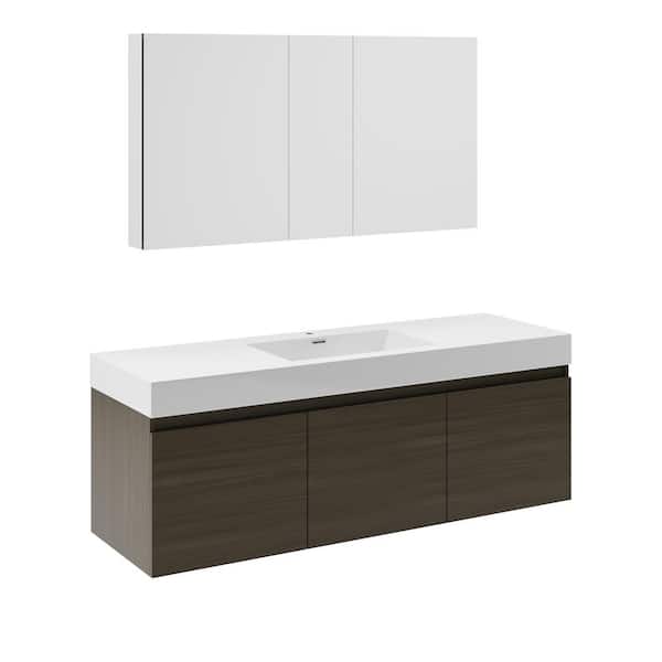 Fresca Mezzo 59 in. Vanity in Gray Oak with Acrylic Vanity Top in White with White Basin and Mirrored Medicine Cabinet
