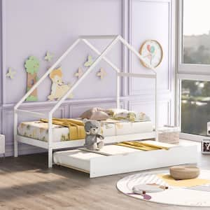 White Twin Size Wooden House Bed with Twin Trundle