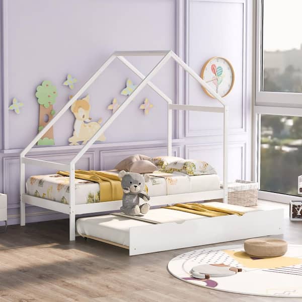 Qualler White Twin Size Wooden House Bed with Twin Trundle