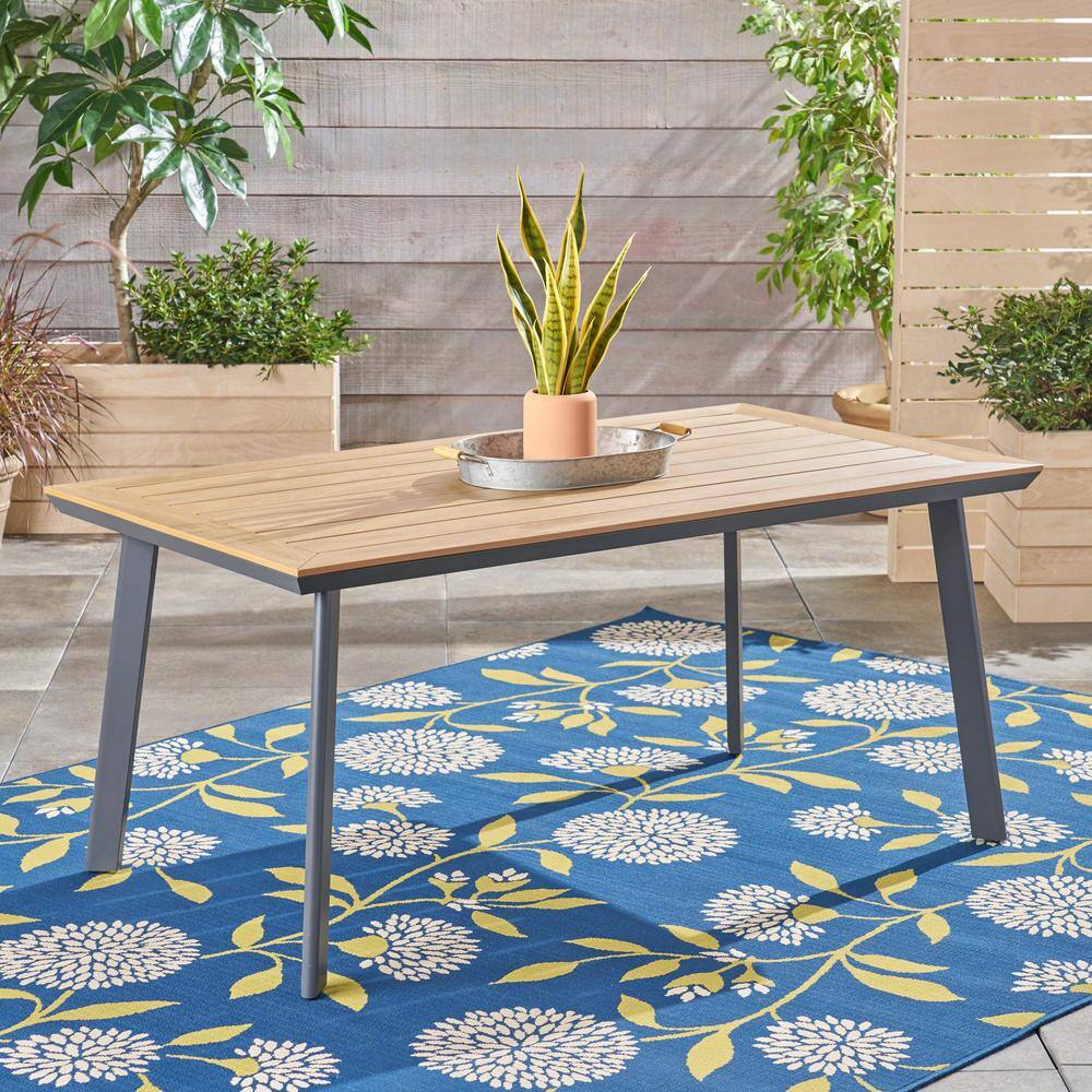 Faux Wood Aluminum Outdoor Dining Table Noble House Leeds Rectangular Natural Brown Faux Wood and Gray Aluminum