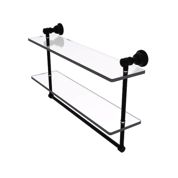 Allied Brass Carolina Collection 22 in. x 9.5 in. x 5.54 in. Brass Rectangular Double Glass Shelf with Towel Bar in Matte Black