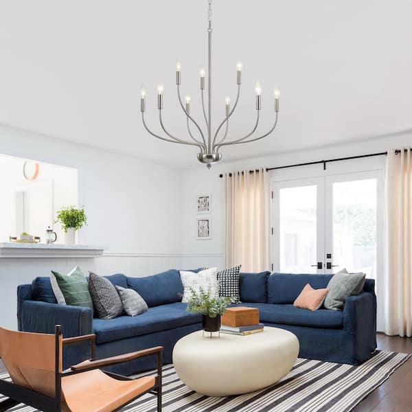 9-Light Nickel Candlestick Linear Kitchen Island Chandelier Light Fixture for Living Room, Foyer Pendant