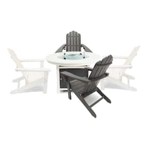 Vail 48 in. 2-Tone White Round Top Fire Pit, 5-Piece Plastic Patio Conversation Set with White and Gray Marina Chairs