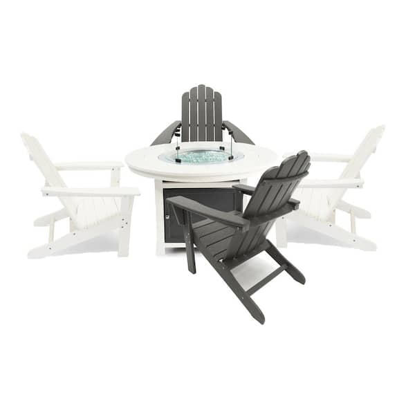 LuXeo Vail 48 in. 2-Tone White Round Top Fire Pit, 5-Piece Plastic Patio Conversation Set with White and Gray Marina Chairs