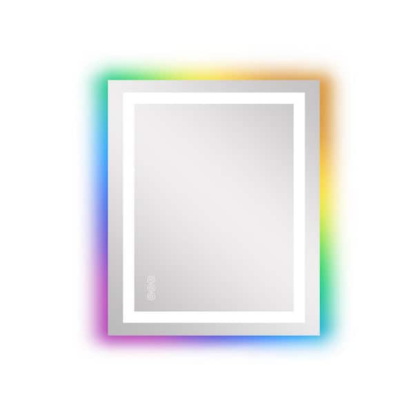 WELLFOR 28 in. W x 36 in. H RGB Rectangular Frameless Anti-Fog Wall Mounted Bathroom Vanity Mirror
