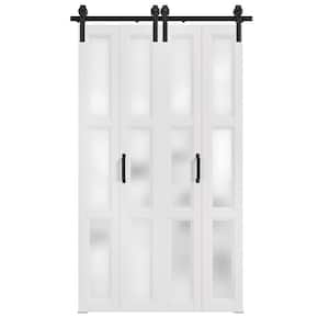 48 in. x 84 in. 3 Lite Tempered Frosted Glass White Finished Composite Bi-Fold Sliding Barn Door with Hardware Kit