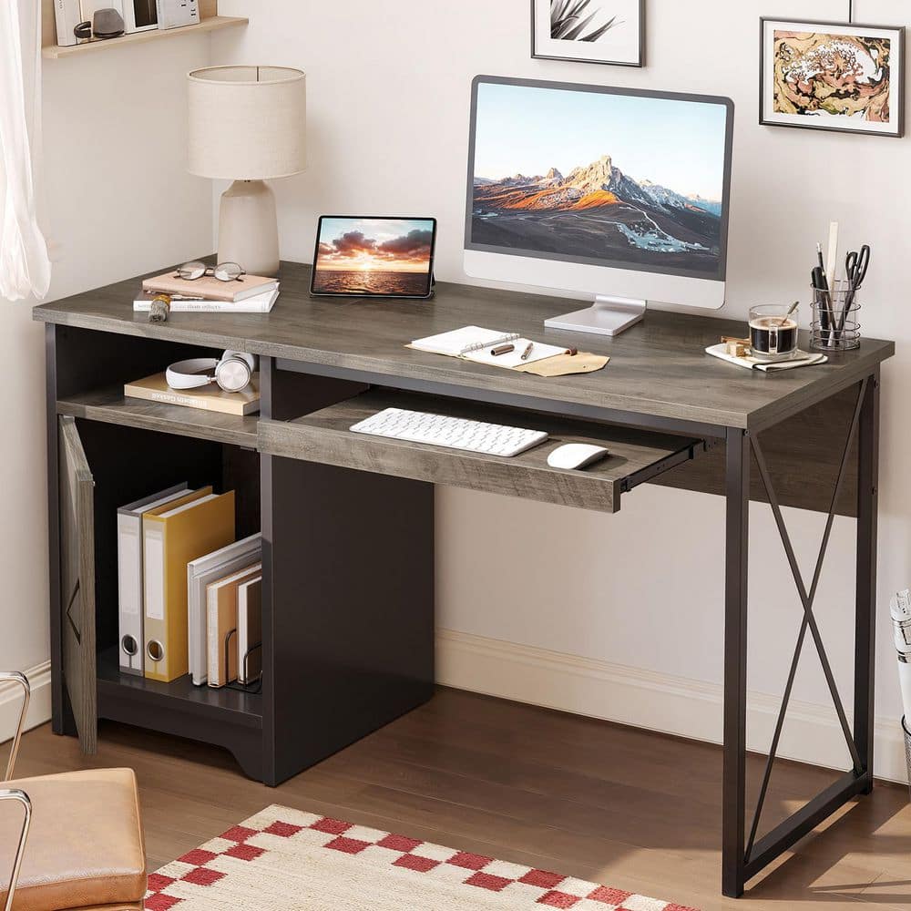 47.2 in. Rectangular Gray Reversible Office Desk with Storage Magnetic Cabinet,Study Writing Desk with Keyboard Tray - Thumbnail 4