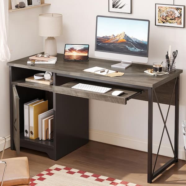 47.2 in. Rectangular Gray Reversible Office Desk with Storage Magnetic Cabinet,Study Writing Desk with Keyboard Tray