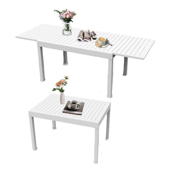 Unbranded 35 in. - 71 in. White Aluminum Patio Extendable Outdoor Dining Table with E-Coating for 4-6 Person