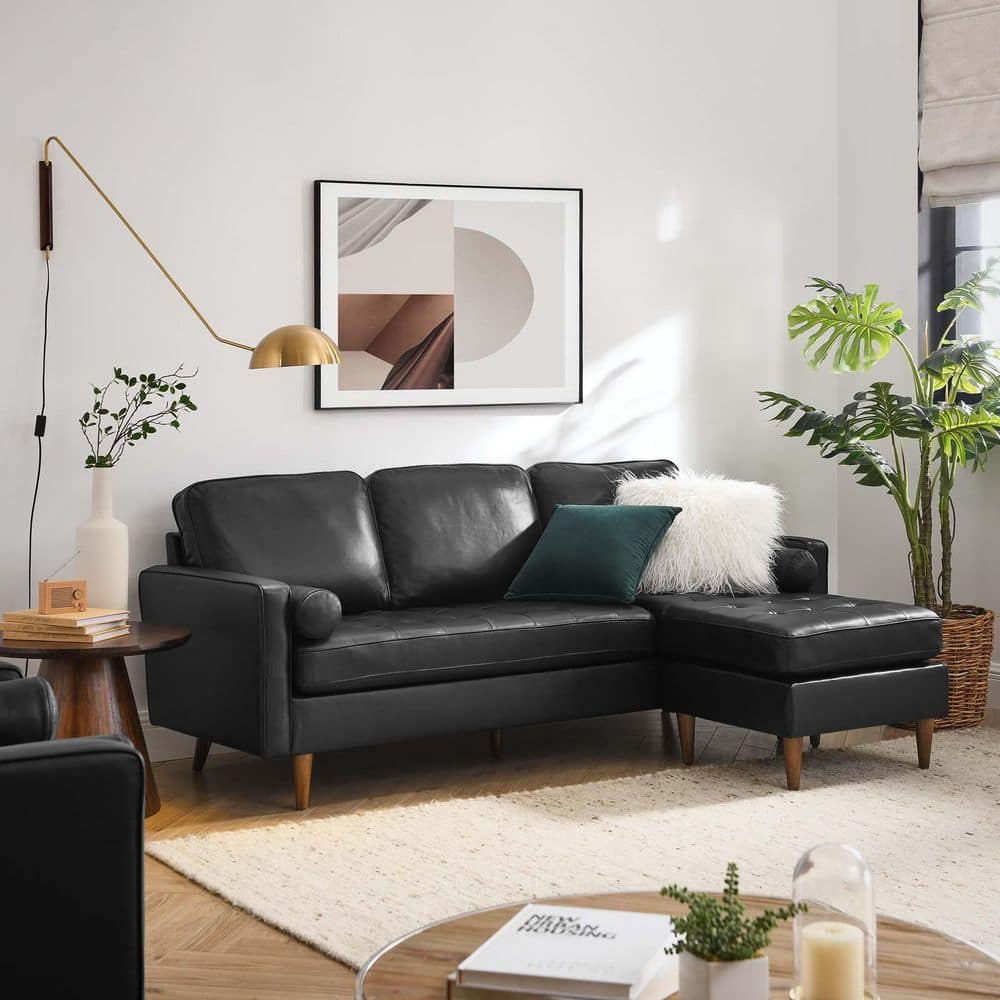 Valour 78" Black Genuine Leather Tufted Sectional Sofa with Ottoman