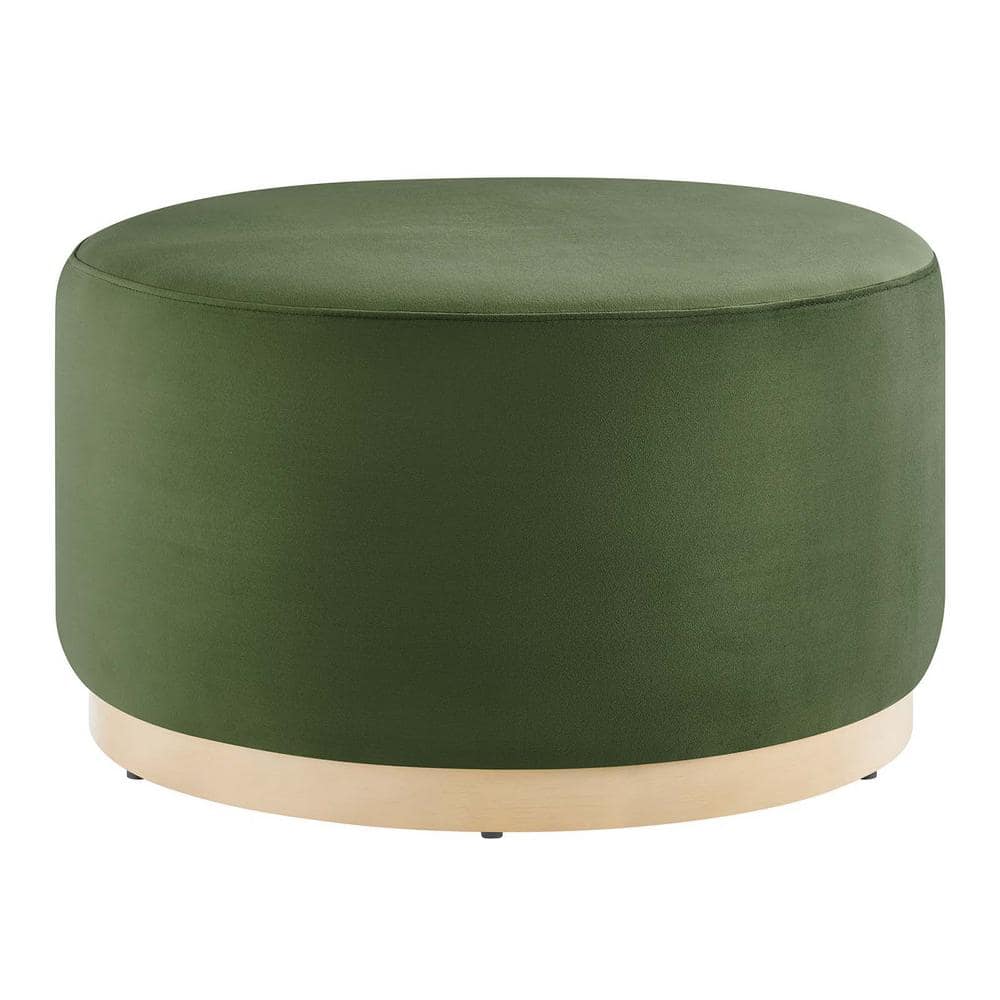 Moss Green Velvet Round Ottoman with Rubberwood Base