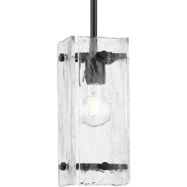Progress Lighting Rivera 60-Watt 1-Light Matte Black Modern Farmhouse Pendant with Textured Glass
