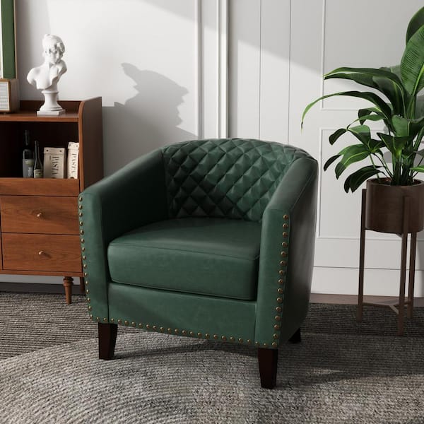 Uixe Modern Green Solid Wood Legs PU Leather Upholstered Accent Barrel Chair With Nailhead Trim