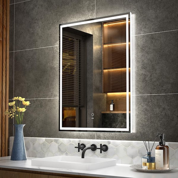 KWW 24 in. W x 32 in. H Large Rectangular Frameless Dimmable Anti-Fog Wall-Mounted Bathroom Vanity Mirror in Silver