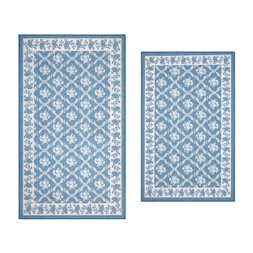 Laura Ashley Merley 2 ft. x 4 ft. Woven Blue Floral 2-Piece Set