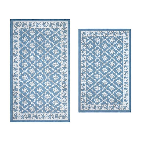 Merley 2 ft. x 4 ft. Woven Blue Floral 2-Piece Set Area Rug