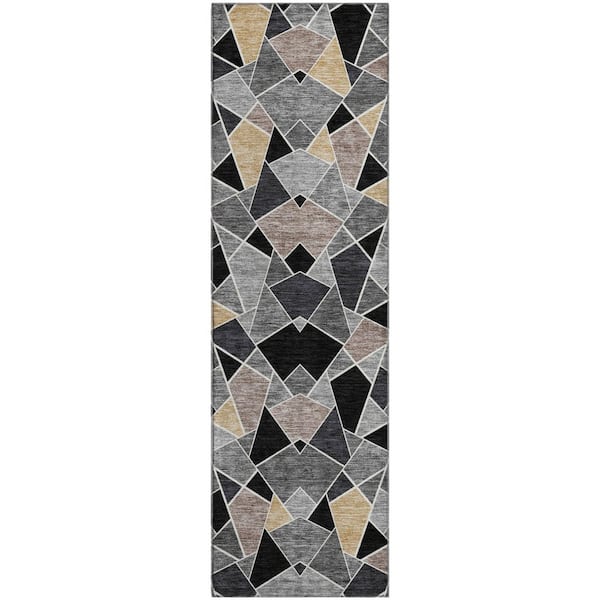 Mayfield Premium Machine Washable Abstract AMF2504 Black 2 ft. x 7 ft. Runner Rug