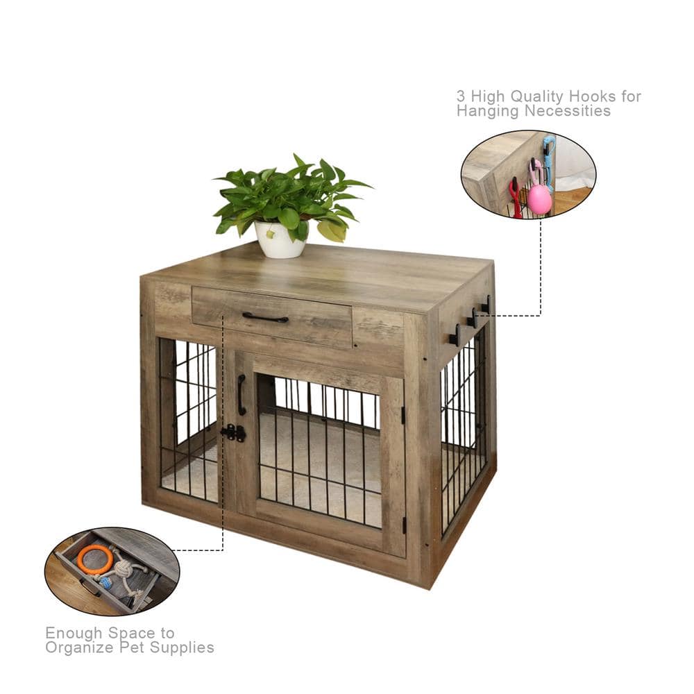 Medium Weathered Gray Dog Crate Furniture with Drawer and Hooks