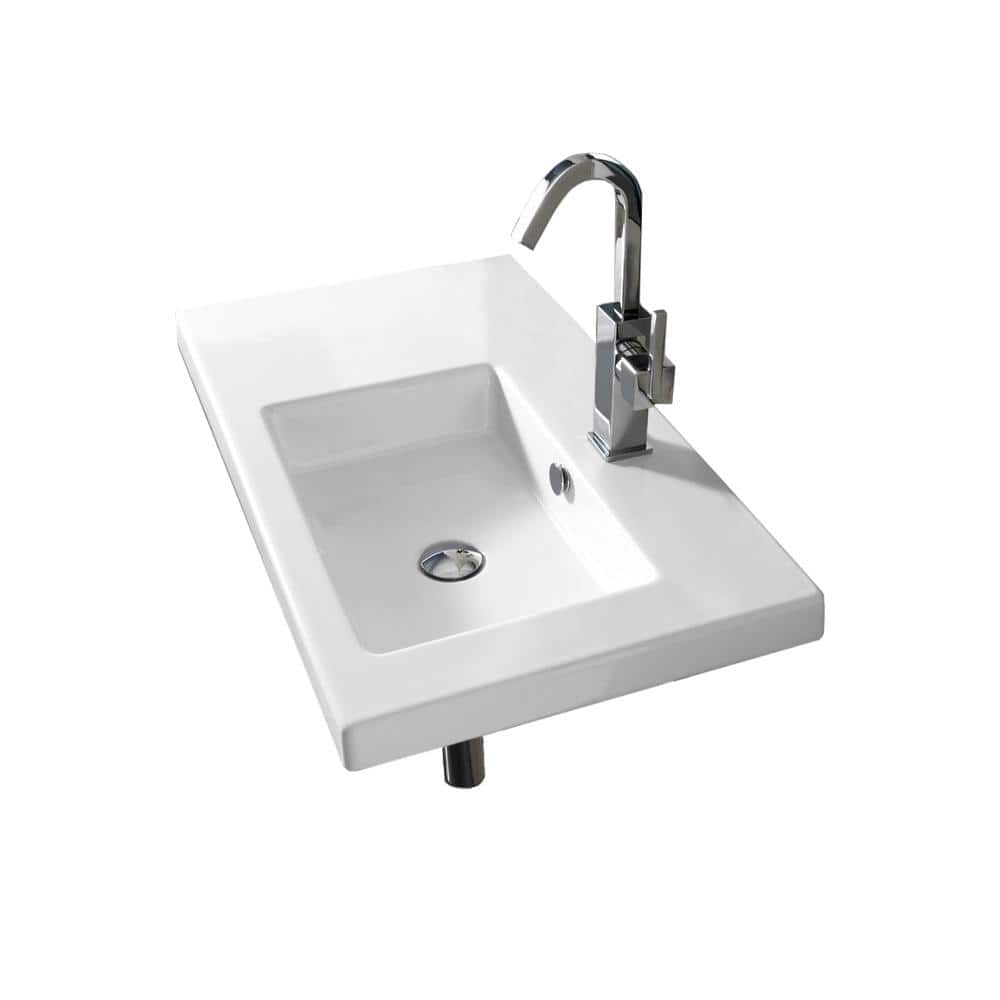 Glossy White Ceramic Wall-Mount Rectangular Bathroom Sink
